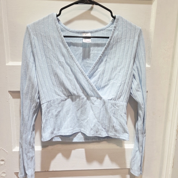 No Boundaries Tops - No Boundaries Light Blue Ribbed Wrap Crop Top